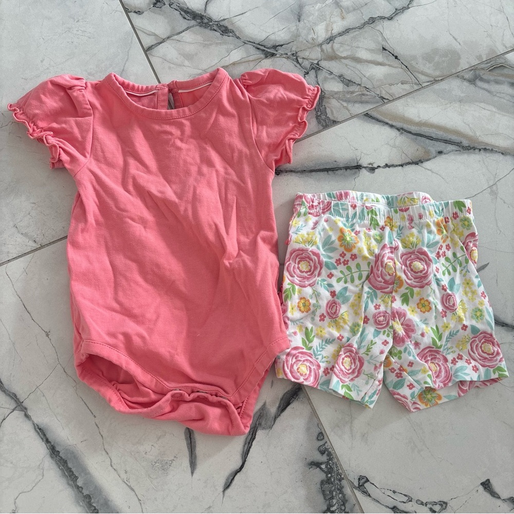 Ruffle Butts Pink Bodysuit and Floral Shorts Set